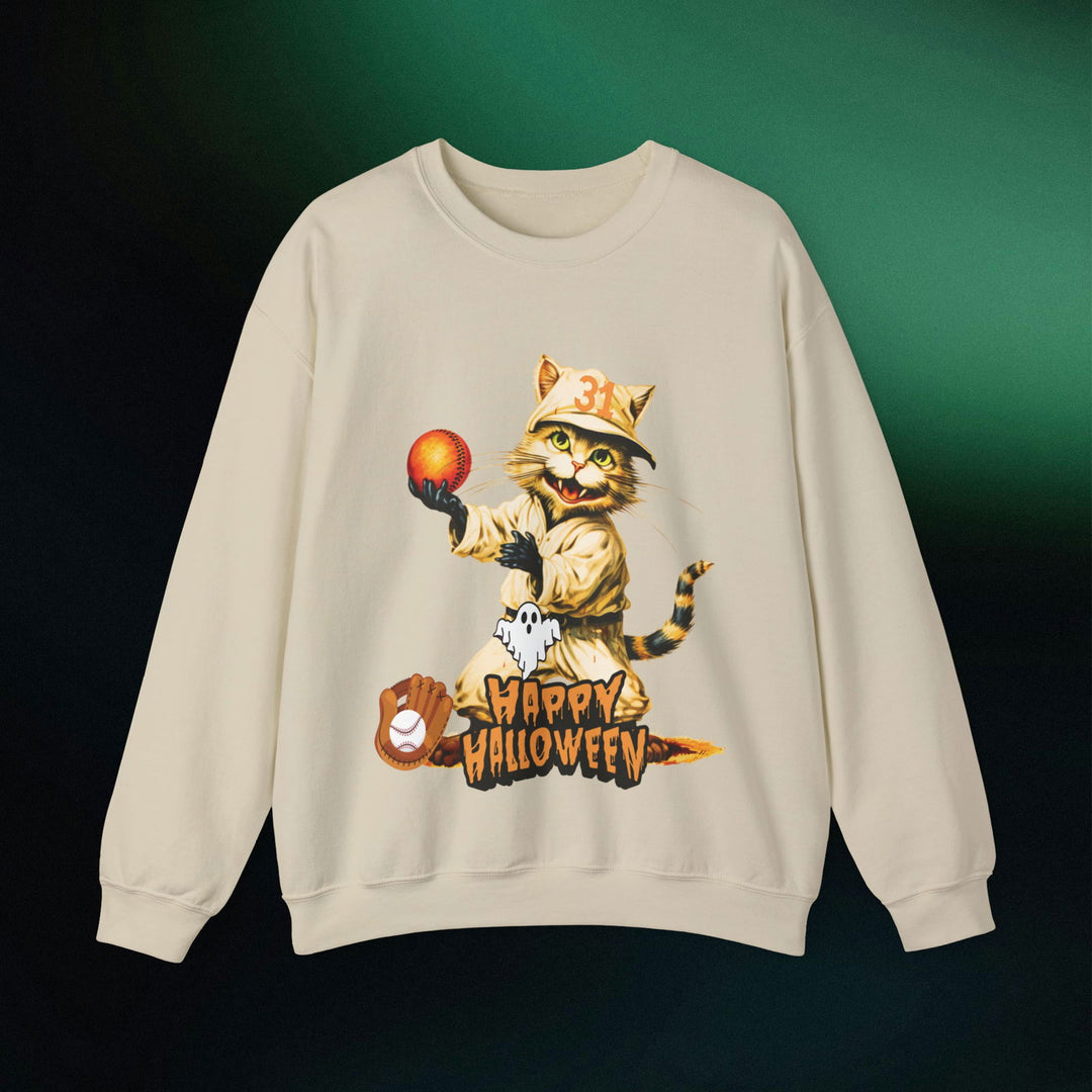 Strike Out Spooktacular Style: Cat Baseball Halloween Sweatshirt Sweatshirt Printify S Sand