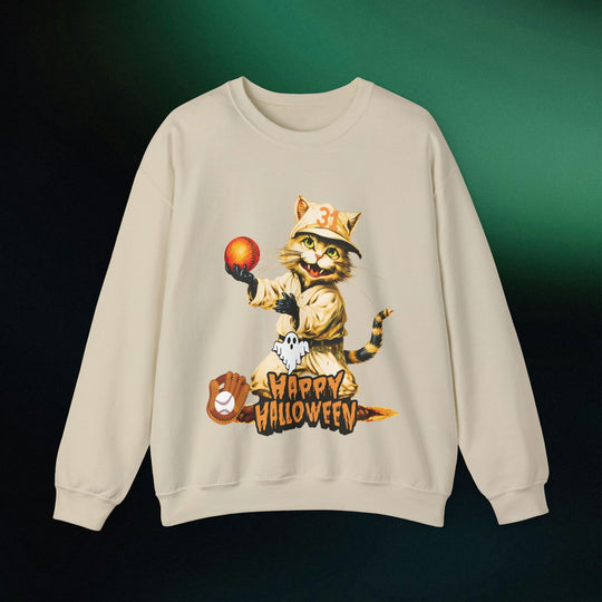 Strike Out Spooktacular Style: Cat Baseball Halloween Sweatshirt Sweatshirt Printify S Sand
