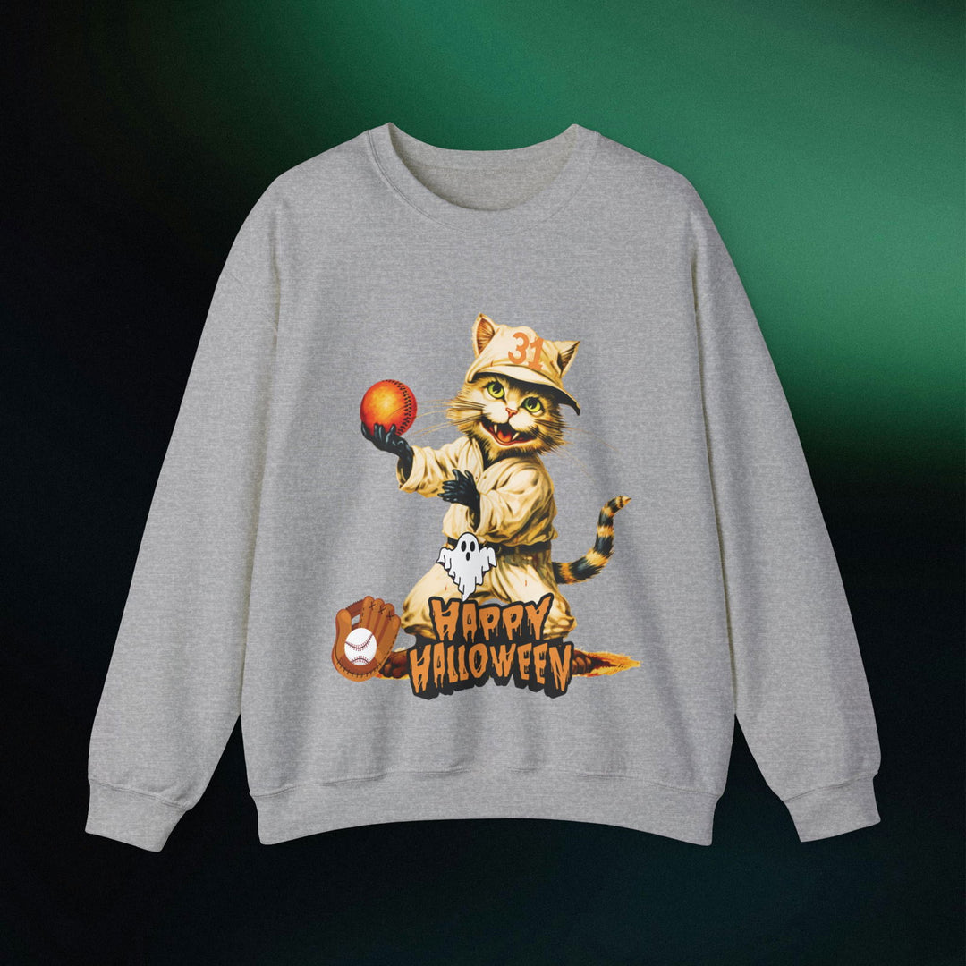 Strike Out Spooktacular Style: Cat Baseball Halloween Sweatshirt Sweatshirt Printify S Sport Grey