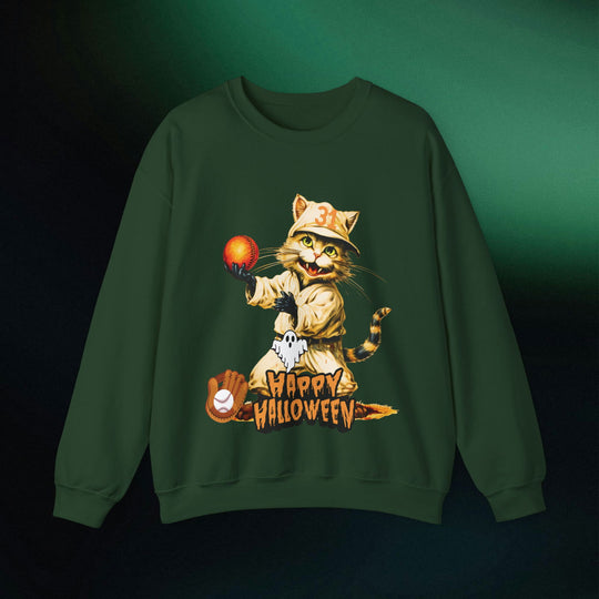 Strike Out Spooktacular Style: Cat Baseball Halloween Sweatshirt Sweatshirt Printify S Forest Green