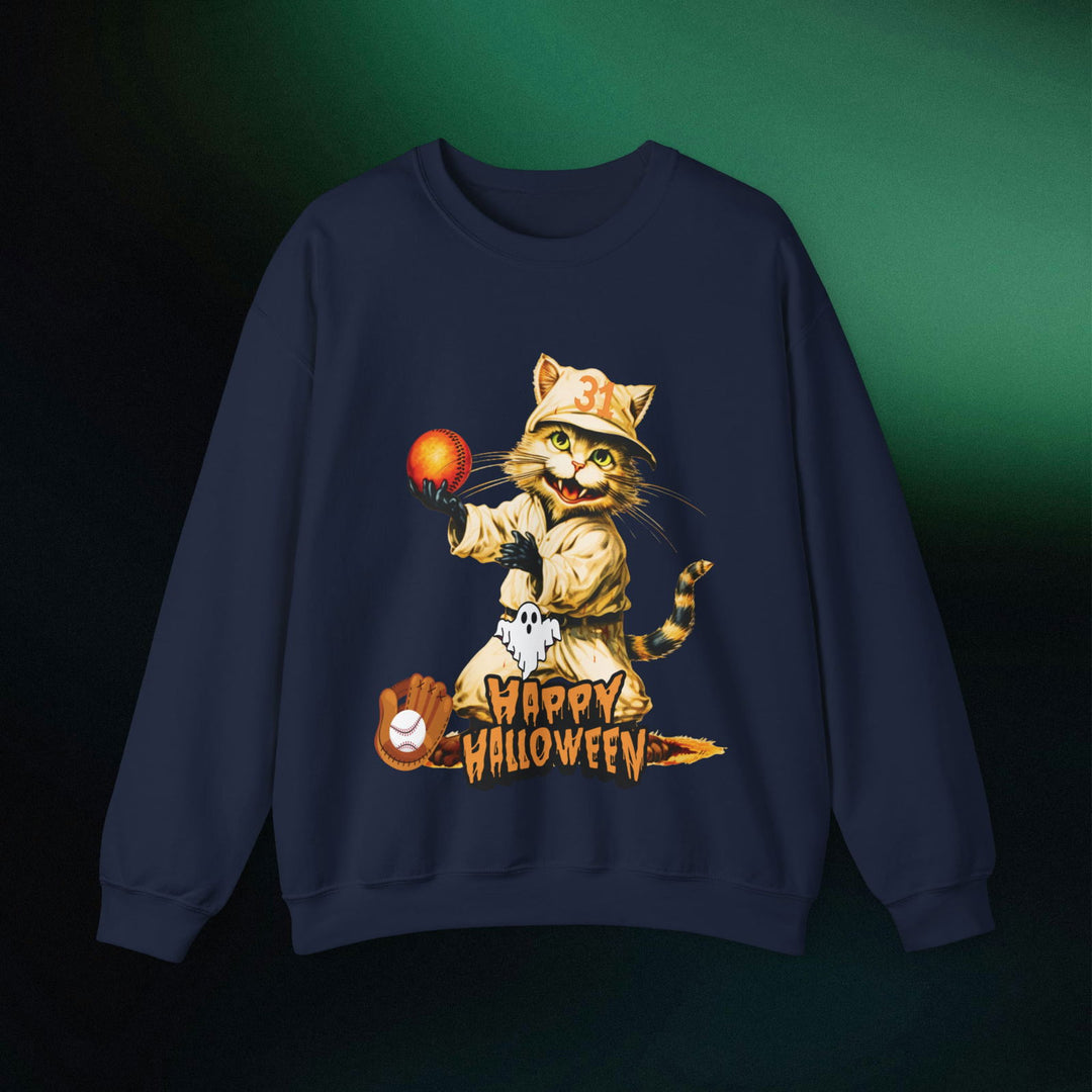 Strike Out Spooktacular Style: Cat Baseball Halloween Sweatshirt Sweatshirt Printify M Navy