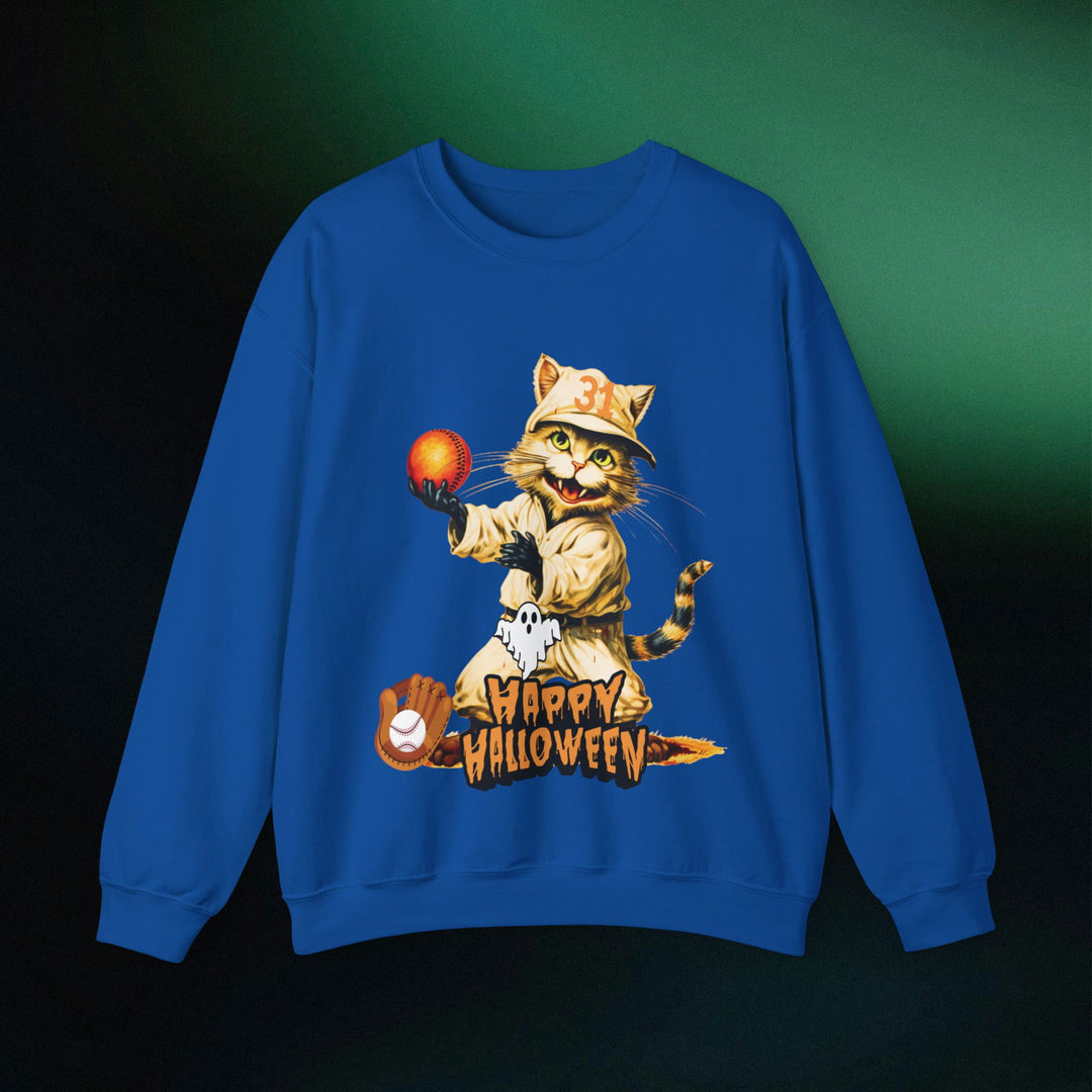 Strike Out Spooktacular Style: Cat Baseball Halloween Sweatshirt Sweatshirt Printify S Royal