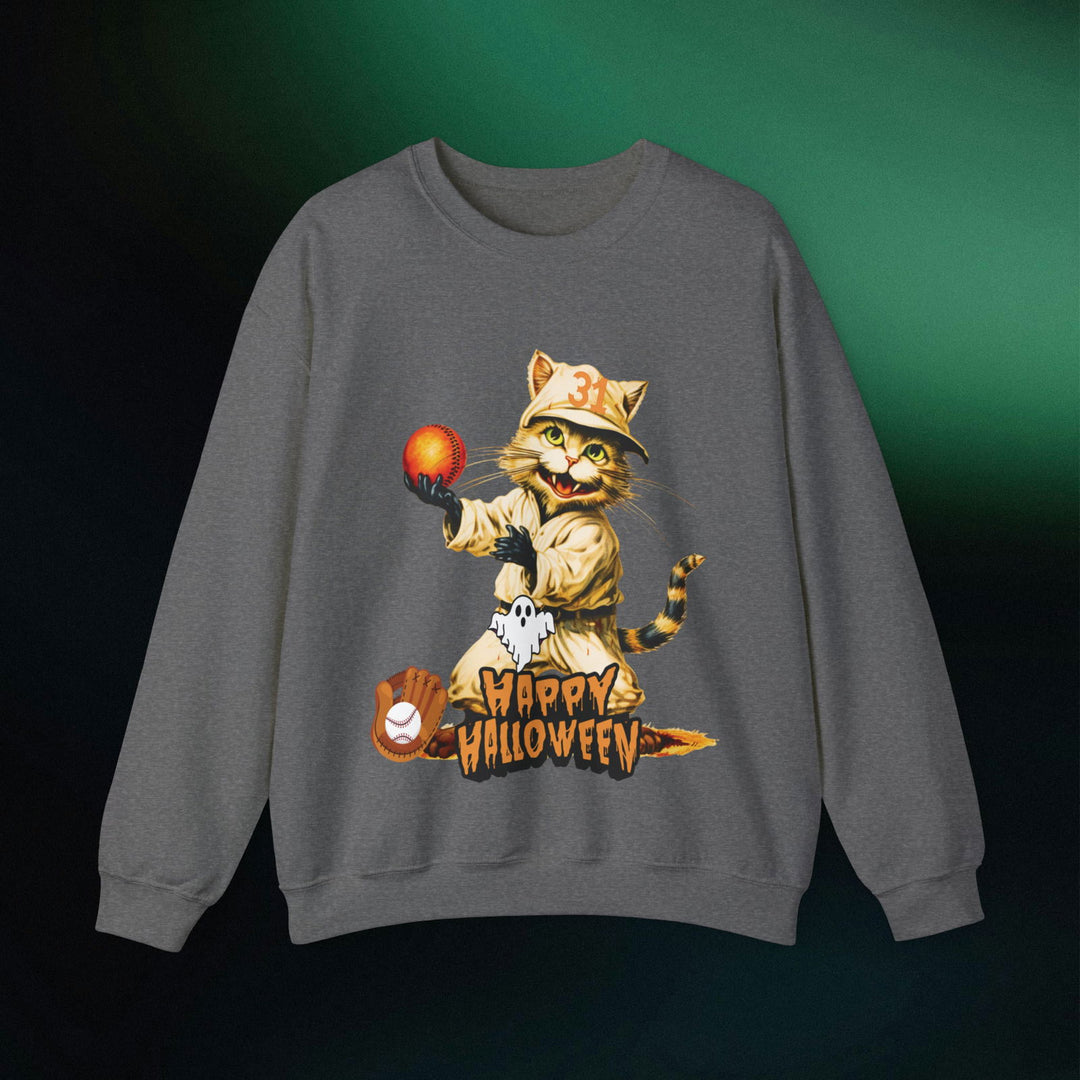 Strike Out Spooktacular Style: Cat Baseball Halloween Sweatshirt Sweatshirt Printify S Graphite Heather