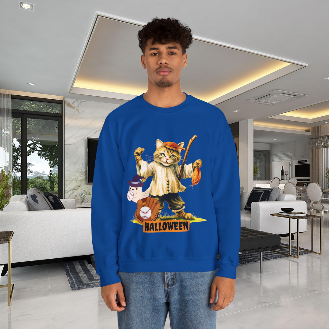 Strike Out Spooktacular Style: Cat Baseball Halloween Sweatshirt Sweatshirt Printify