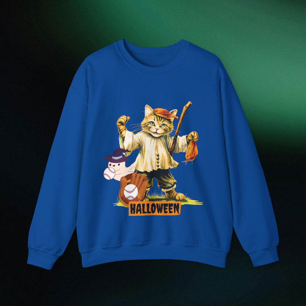 Strike Out Spooktacular Style: Cat Baseball Halloween Sweatshirt Sweatshirt Printify S Royal