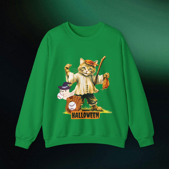 Strike Out Spooktacular Style: Cat Baseball Halloween Sweatshirt Sweatshirt Printify S Irish Green
