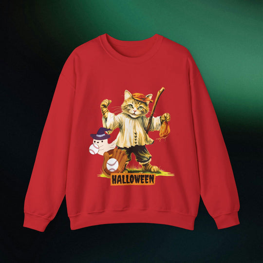 Strike Out Spooktacular Style: Cat Baseball Halloween Sweatshirt Sweatshirt Printify S Red