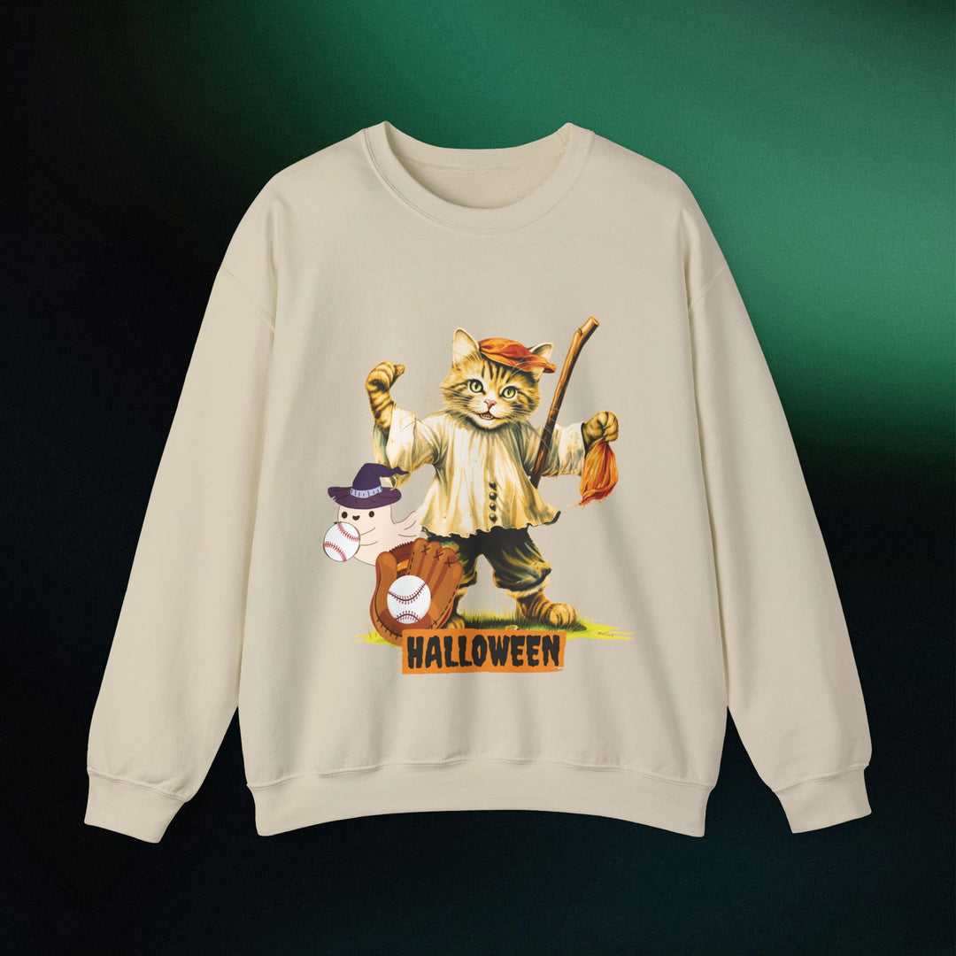 Strike Out Spooktacular Style: Cat Baseball Halloween Sweatshirt Sweatshirt Printify S Sand