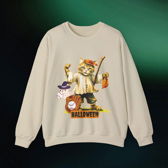 Strike Out Spooktacular Style: Cat Baseball Halloween Sweatshirt Sweatshirt Printify S Sand