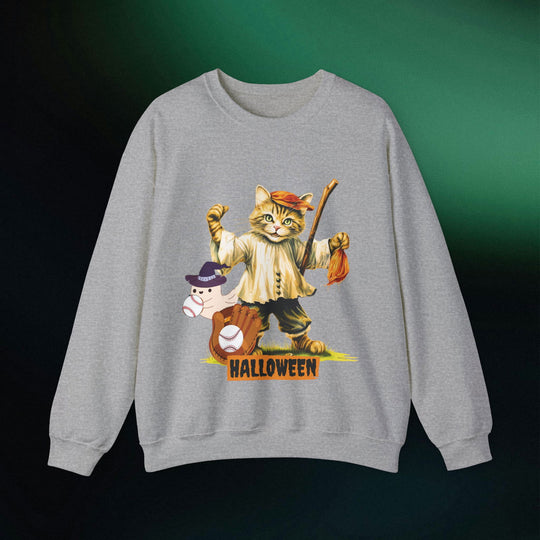 Strike Out Spooktacular Style: Cat Baseball Halloween Sweatshirt Sweatshirt Printify S Sport Grey