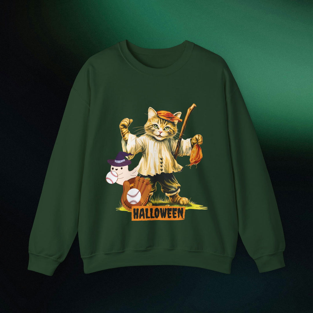 Strike Out Spooktacular Style: Cat Baseball Halloween Sweatshirt Sweatshirt Printify S Forest Green
