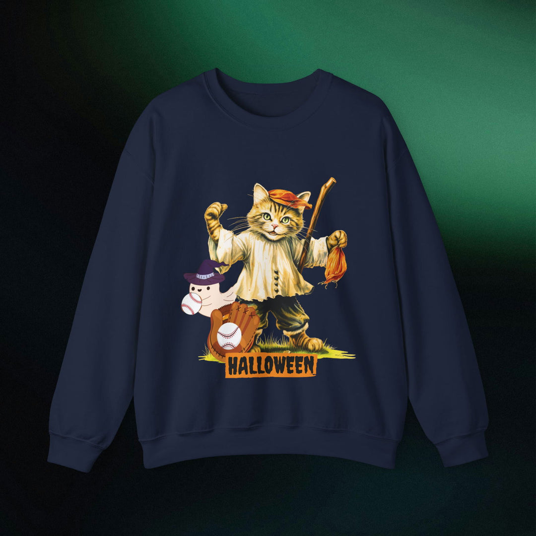 Strike Out Spooktacular Style: Cat Baseball Halloween Sweatshirt Sweatshirt Printify M Navy