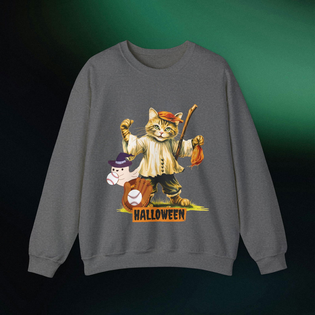 Strike Out Spooktacular Style: Cat Baseball Halloween Sweatshirt Sweatshirt Printify S Graphite Heather