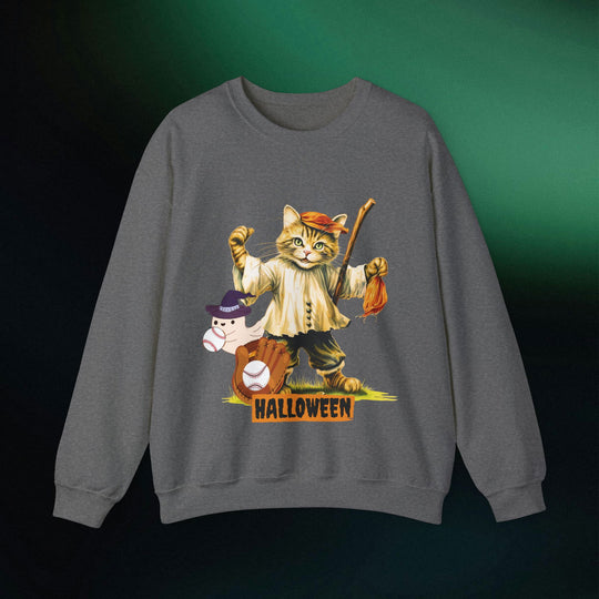Strike Out Spooktacular Style: Cat Baseball Halloween Sweatshirt Sweatshirt Printify S Graphite Heather