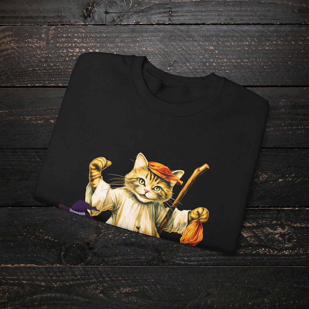 Strike Out Spooktacular Style: Cat Baseball Halloween Sweatshirt Sweatshirt Printify