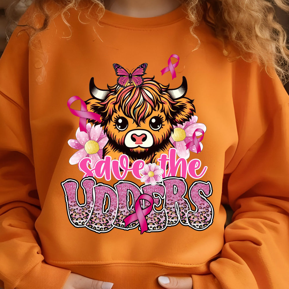 Breast Cancer Highland Cow Save the Udders Sweatshirt Sweatshirt Printify
