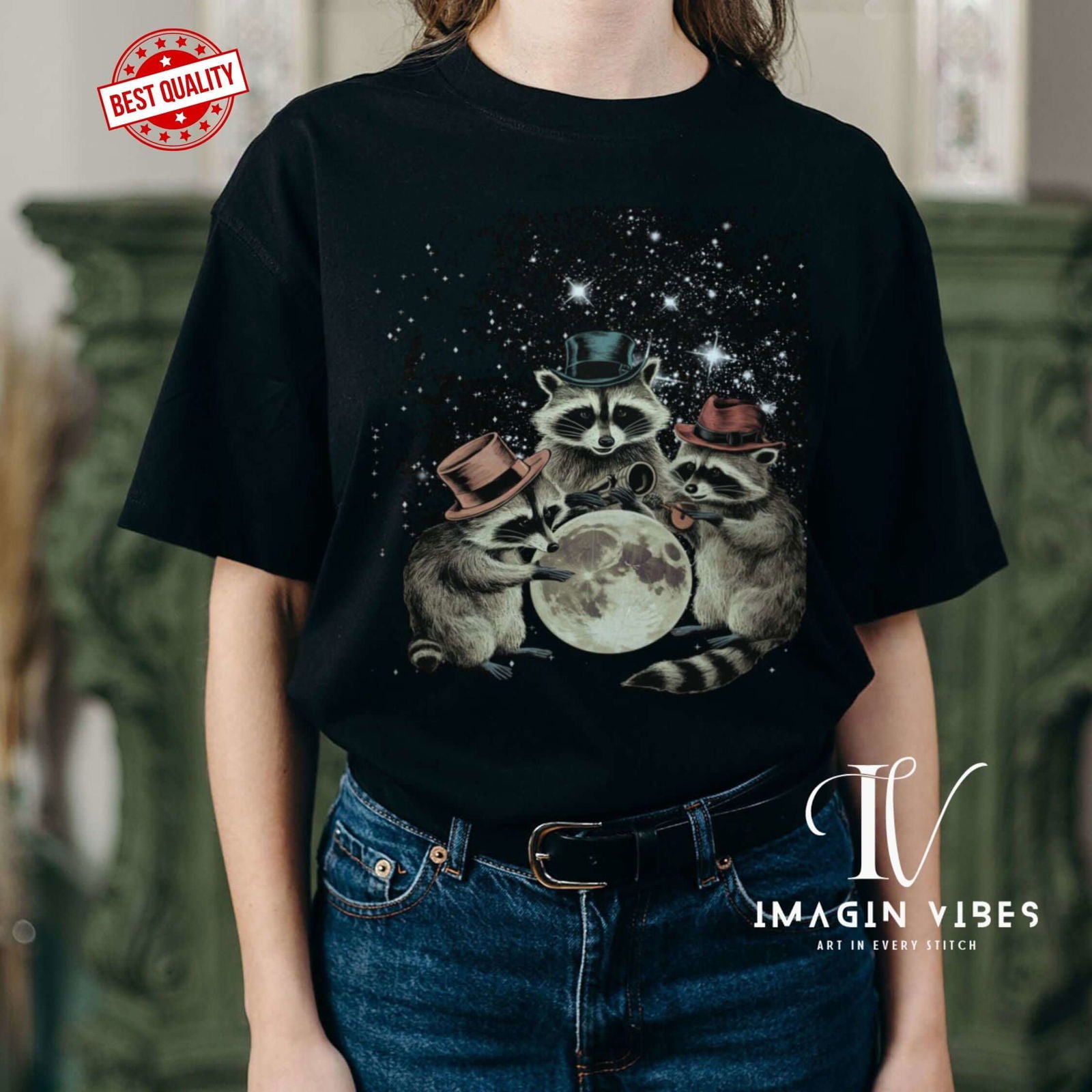 Three Raccoon Revelry: Vintage Moon T-Shirt - Imagin Vibes - 