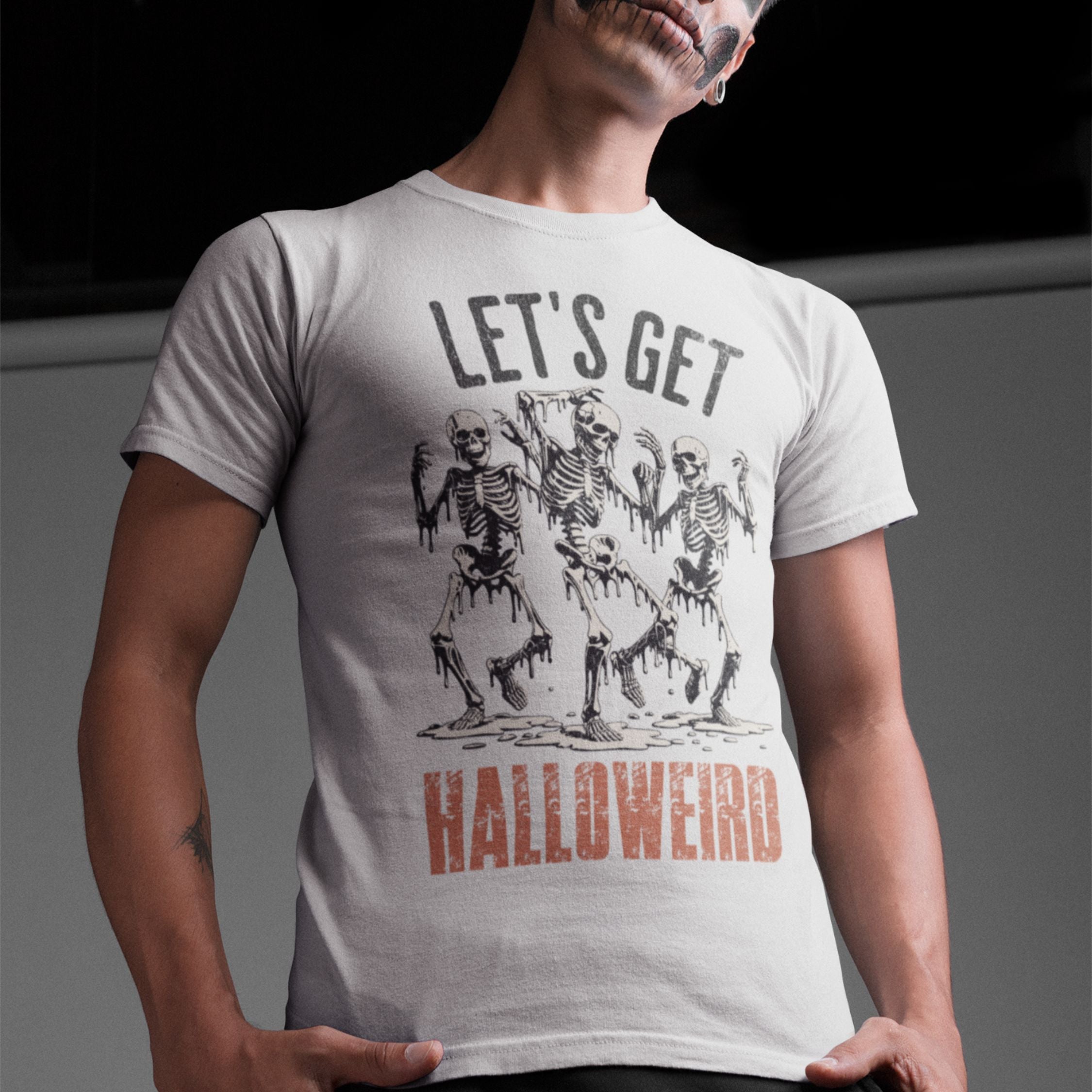 Unisex Tee - Vintage Spooky Halloween Skeletons Let's Get Halloweird T-Shirt Printify White L