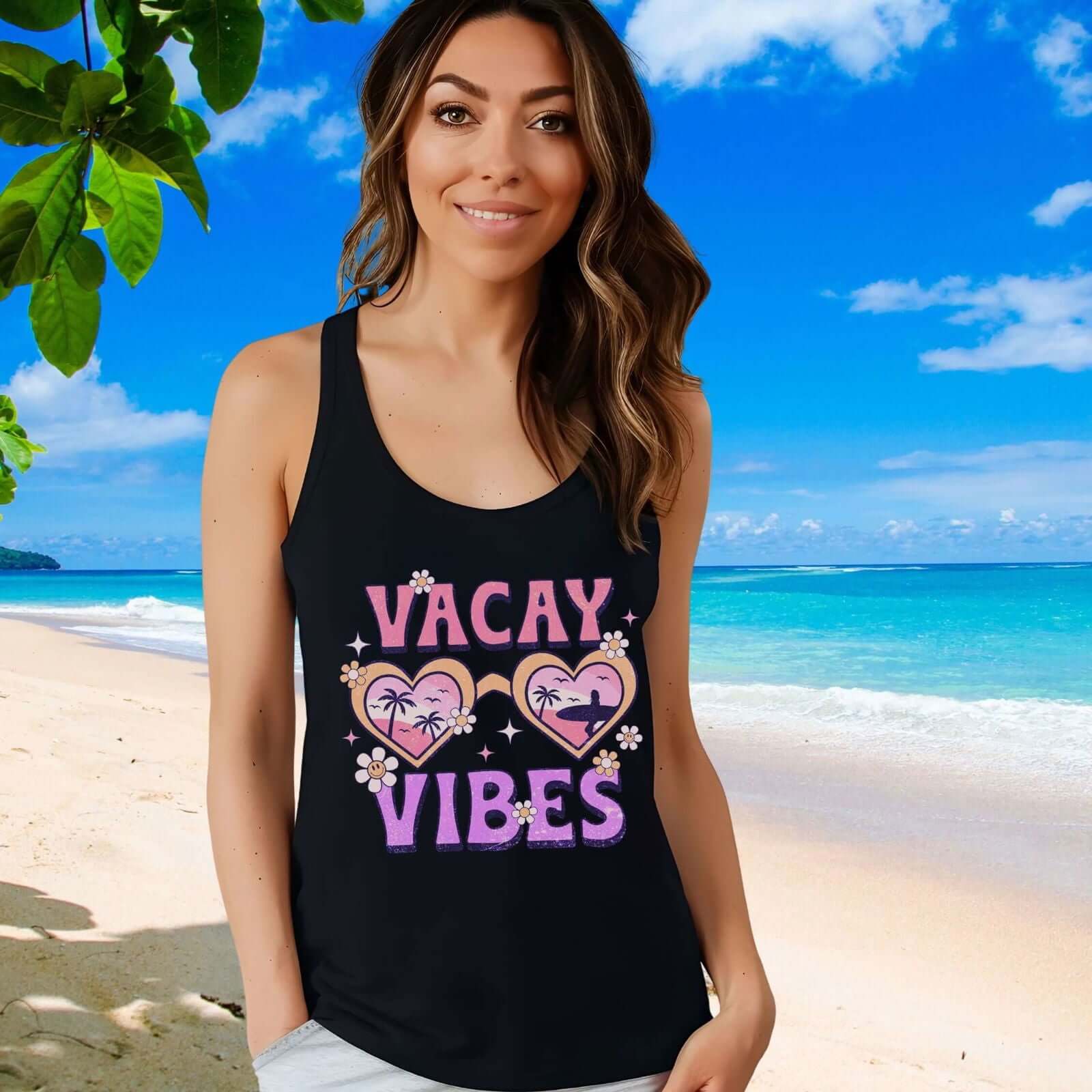 Vacay Vibes cool retro style Women's Racerback Tank Top - Imagin Vibes - 