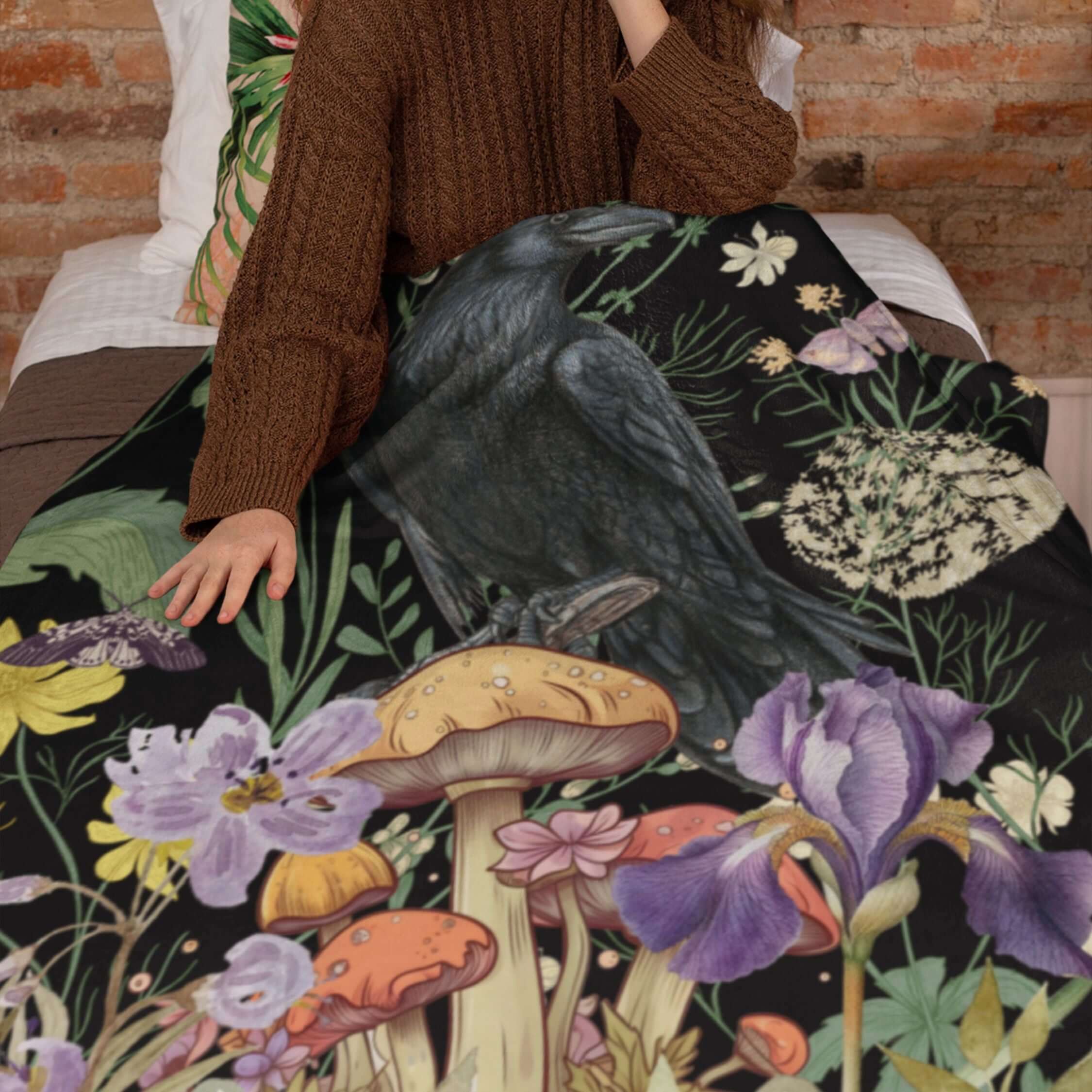 Velveteen Plush Blanket - Raven and Flowers Vintage Aesthetic All Over Prints Printify