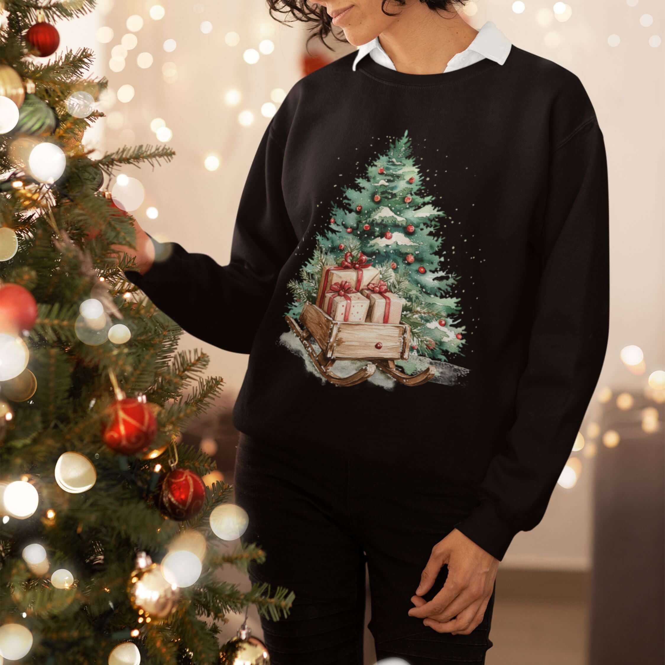 Vintage Christmas Tree & Sleigh Sweatshirt Sweatshirt Printify L Black