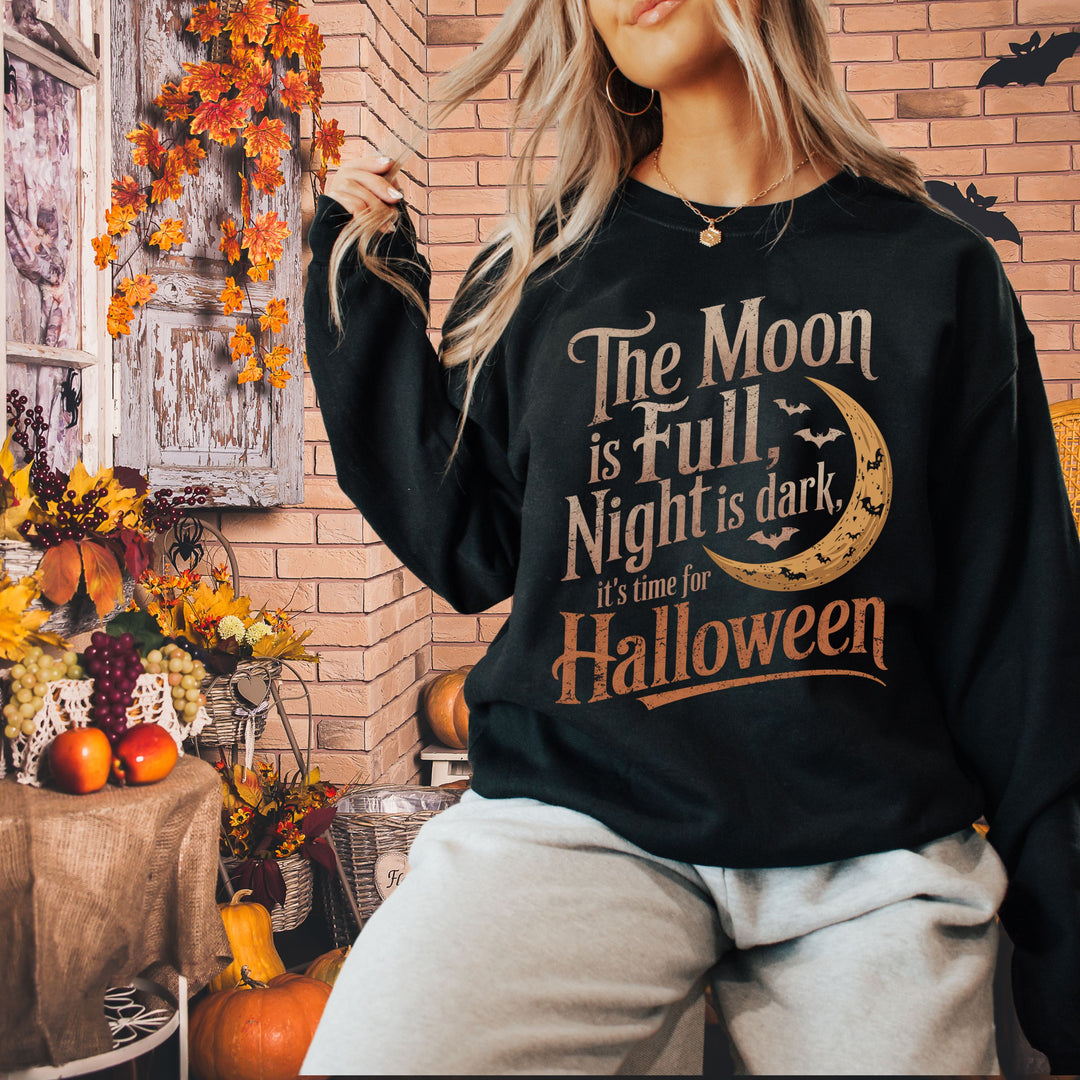 Vintage Halloween Crewneck Sweatshirt - The Moon is Full, Night is Dark Sweatshirt Printify