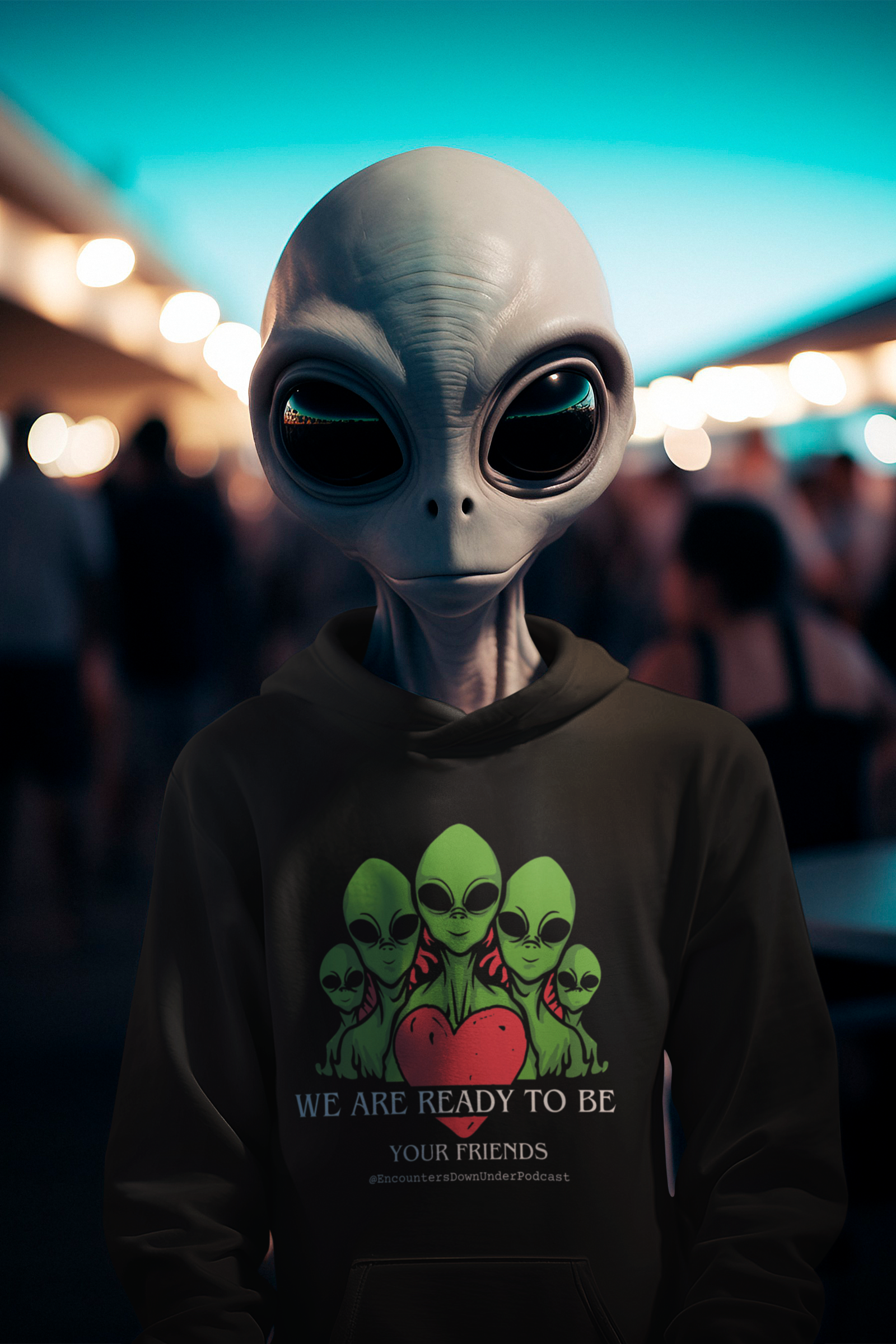 We Are Ready To Be Your Friends UFO Hoodie, Encounters Down Under Podcast Hoodie, UAP Alien Hoodie, World UFO Day Hoodie Hoodie Printify