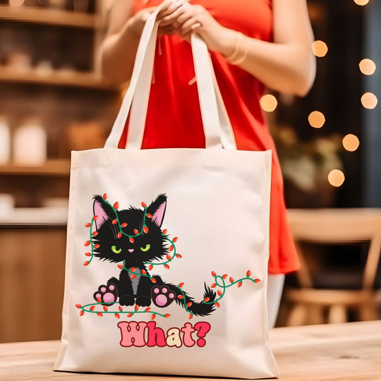 "What?" Black Cat Christmas Lights Tote: Funny Cat Tote Bag - Imagin Vibes - 