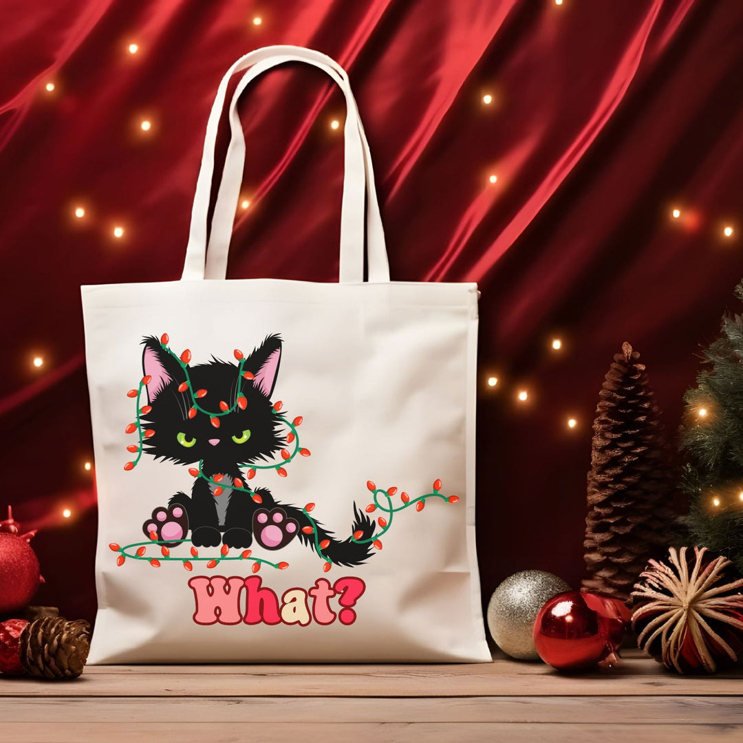 "What?" Black Cat Christmas Lights Tote: Funny Cat Tote Bag - Imagin Vibes - 