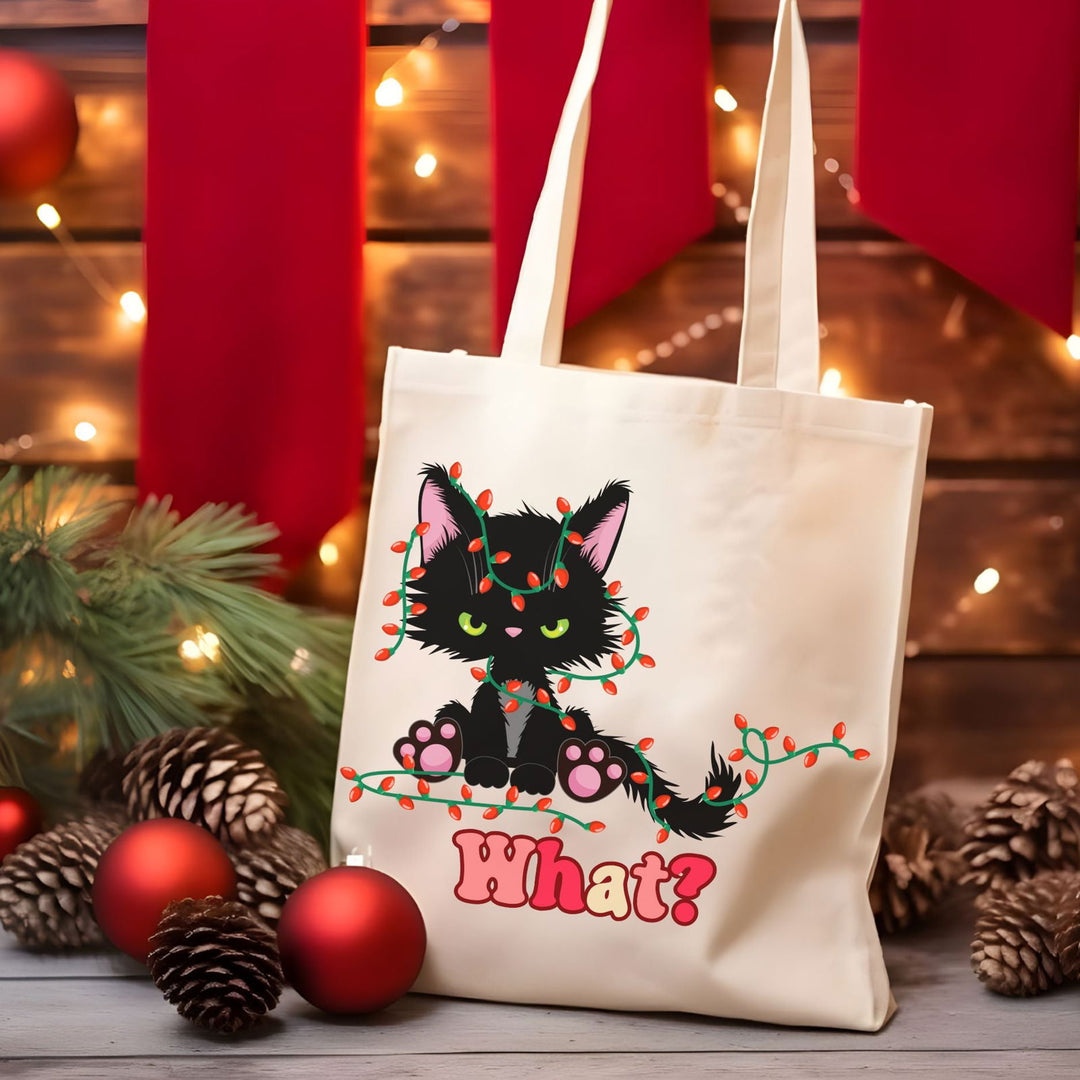 "What?" Black Cat Christmas Lights Tote: Funny Cat Tote Bag - Imagin Vibes - 