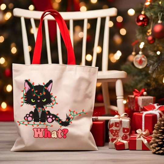 "What?" Black Cat Christmas Lights Tote: Funny Cat Tote Bag - Imagin Vibes - 