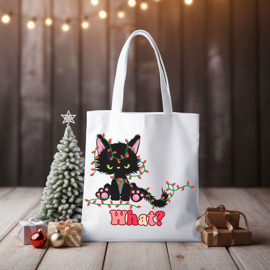 "What?" Black Cat Christmas Lights Tote: Funny Cat Tote Bag - Imagin Vibes - 