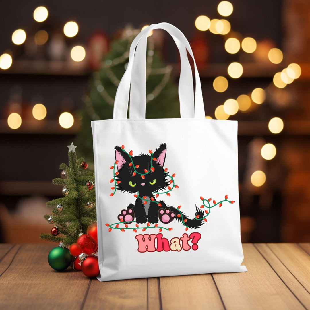 "What?" Black Cat Christmas Lights Tote: Funny Cat Tote Bag - Imagin Vibes - 