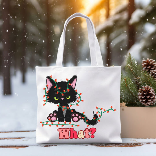 "What?" Black Cat Christmas Lights Tote: Funny Cat Tote Bag - Imagin Vibes - 