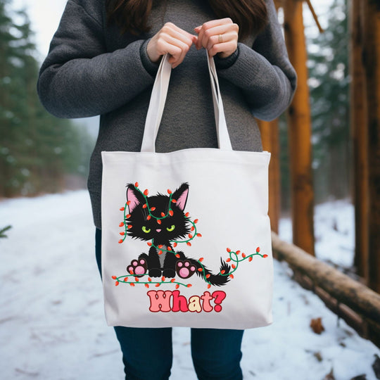 "What?" Black Cat Christmas Lights Tote: Funny Cat Tote Bag - Imagin Vibes - 