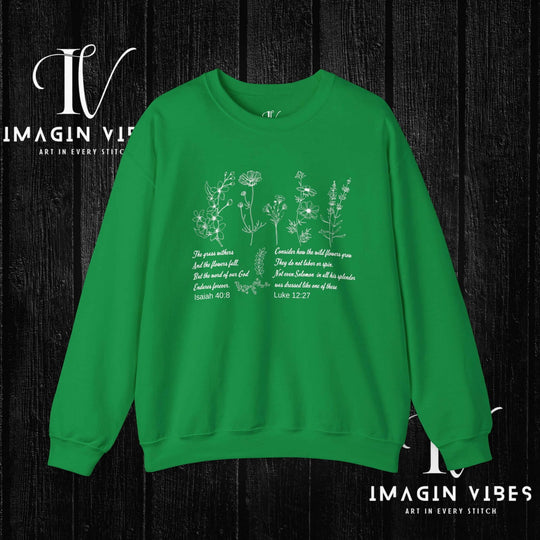 Wildflower Bible Verse Sweatshirt: Faith-Based Spring Top Sweatshirt Printify S Irish Green