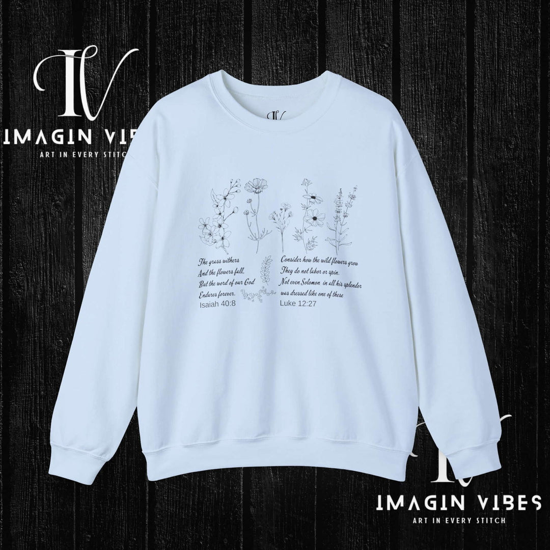 Wildflower Bible Verse Sweatshirt: Faith-Based Spring Top Sweatshirt Printify S Light Blue