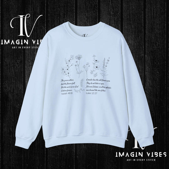 Wildflower Bible Verse Sweatshirt: Faith-Based Spring Top Sweatshirt Printify S Light Blue