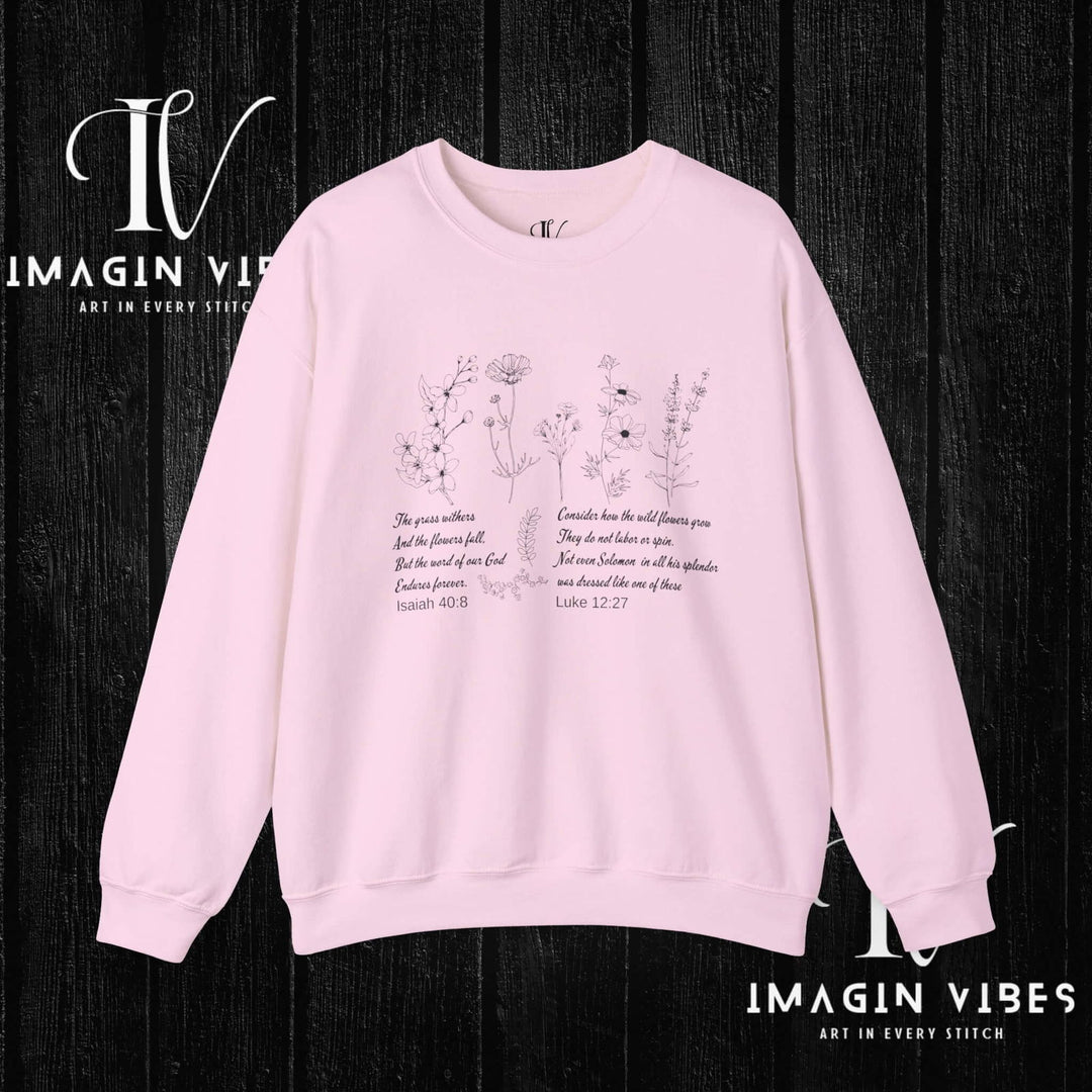 Wildflower Bible Verse Sweatshirt: Faith-Based Spring Top Sweatshirt Printify S Light Pink