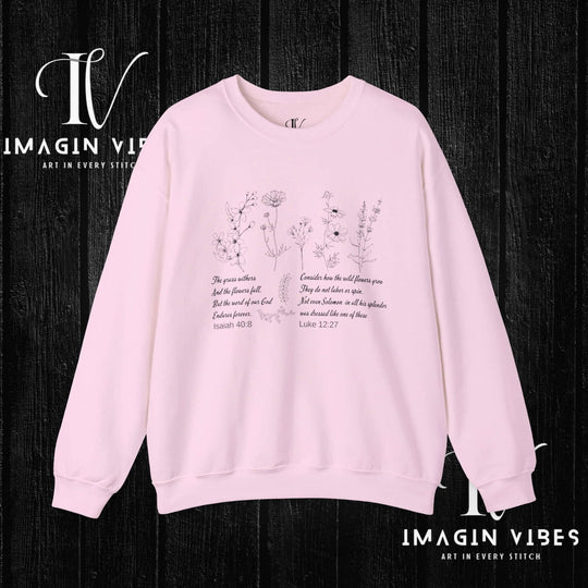 Wildflower Bible Verse Sweatshirt: Faith-Based Spring Top Sweatshirt Printify S Light Pink