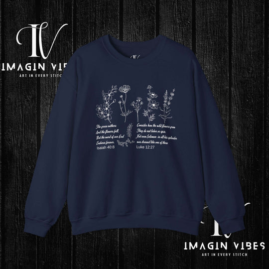 Wildflower Bible Verse Sweatshirt: Faith-Based Spring Top Sweatshirt Printify S Navy