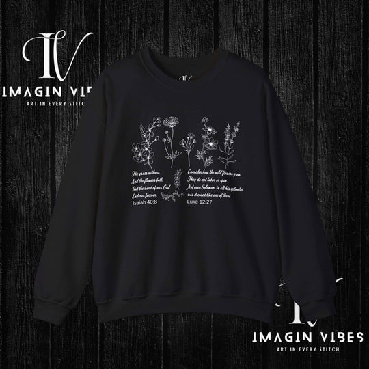 Wildflower Bible Verse Sweatshirt: Faith-Based Spring Top Sweatshirt Printify S Black