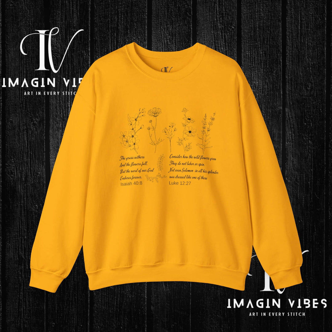 Wildflower Bible Verse Sweatshirt: Faith-Based Spring Top Sweatshirt Printify S Gold