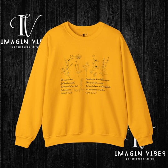 Wildflower Bible Verse Sweatshirt: Faith-Based Spring Top Sweatshirt Printify S Gold