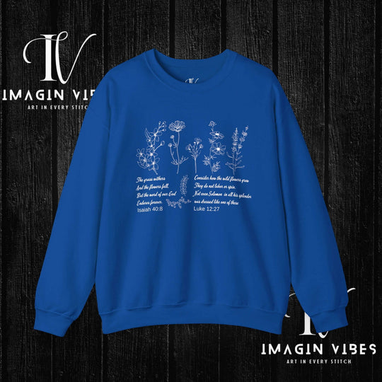 Wildflower Bible Verse Sweatshirt: Faith-Based Spring Top Sweatshirt Printify S Royal