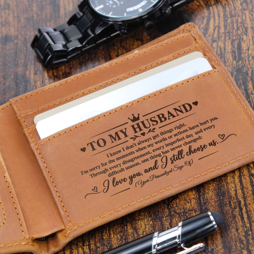 Personalized engraved wallet for husband with apology message, an ideal apology gift for husband.