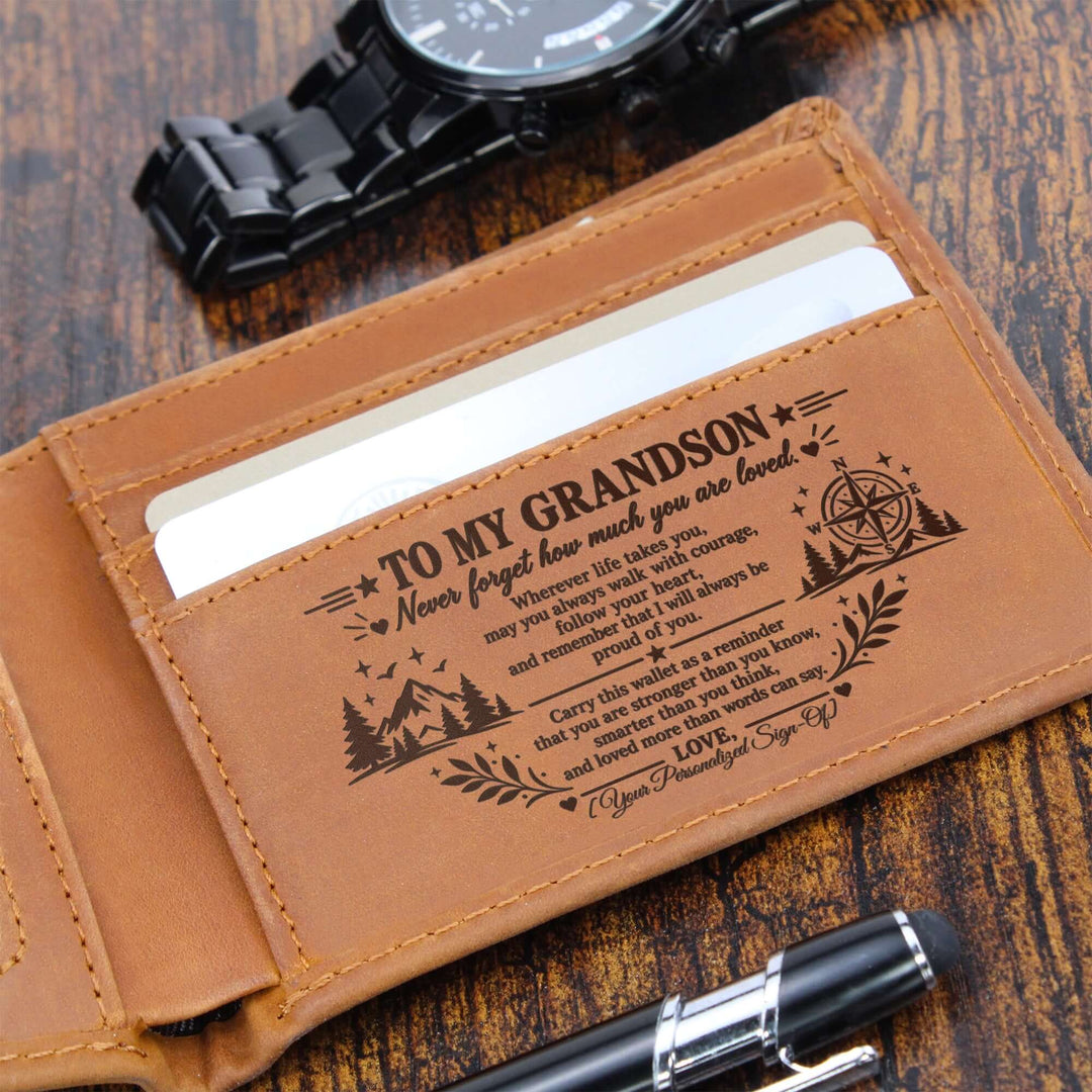 Engraved wallet for grandson with heartfelt message inside, showcasing love and encouragement.
