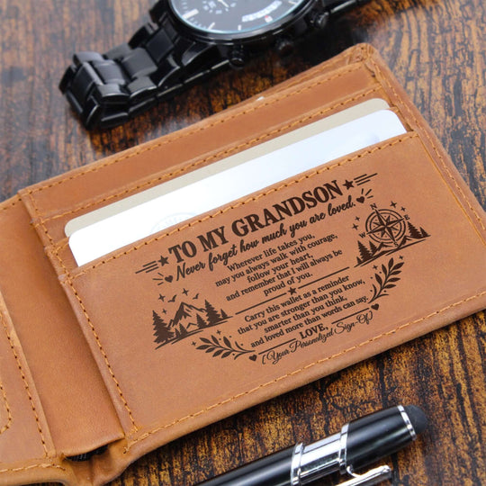 Engraved wallet for grandson with heartfelt message inside, showcasing love and encouragement.