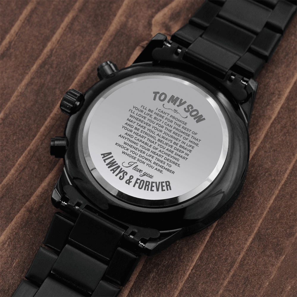 Custom engraved black steel watch back featuring heartfelt message for son, a perfect custom milestone birthday gift for son timepiece.