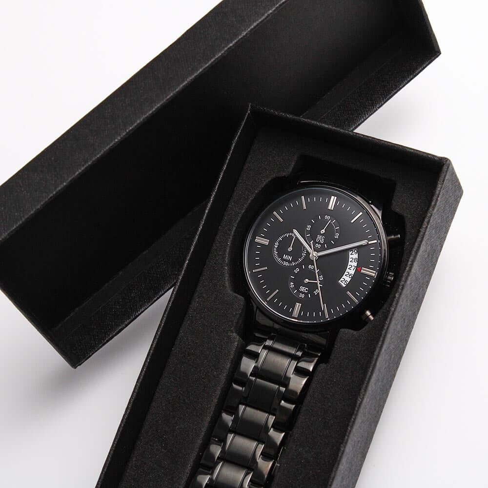 Custom milestone keepsake gift for husband timepiece in a sleek black box.